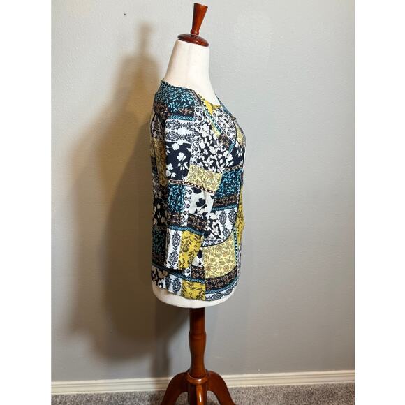 J. Jill blouse mixed floral print 3/4 sleeve top blue white yellow popover Sz S - Picture 4 of 8
